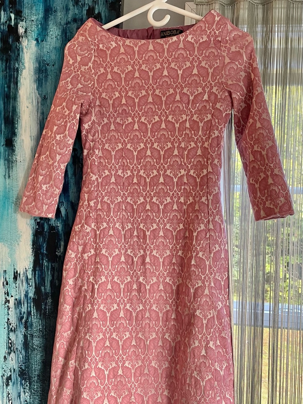 Vintage Pink Brocade Midi Dress with Boat Neck